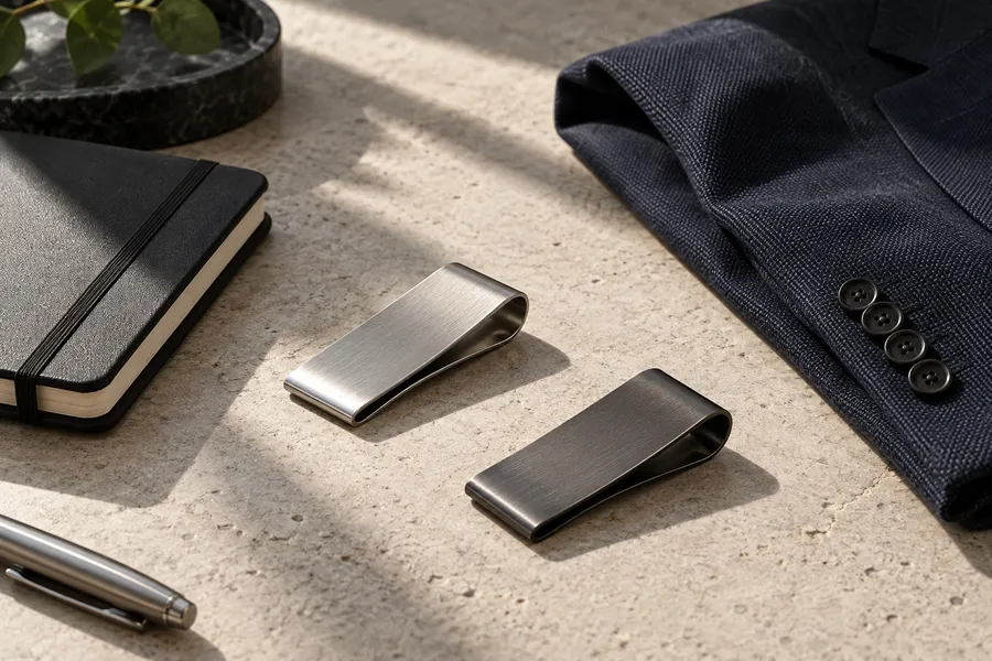 Brushed silver and gunmetal money clips on a pale stone desk